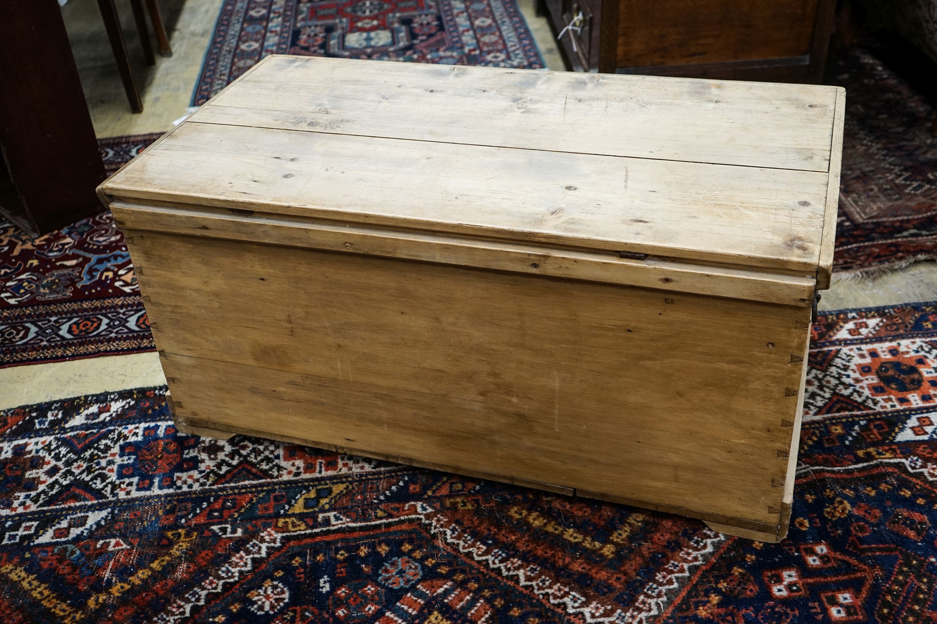 A Victorian rectangular pine trunk, length 96cm, width 52cm, height 45cm